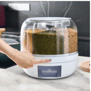 Dispenser de Cereais 6 em 1 Giratório 360° - Organizador de Grãos para Cozinha, Arroz, Feijão