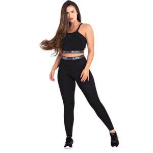 Conjunto 3 PEÇAS Fitness Legging Cintura Alta + Croped Dry Fit Manga Longa + Top Racy Preto Não Fica